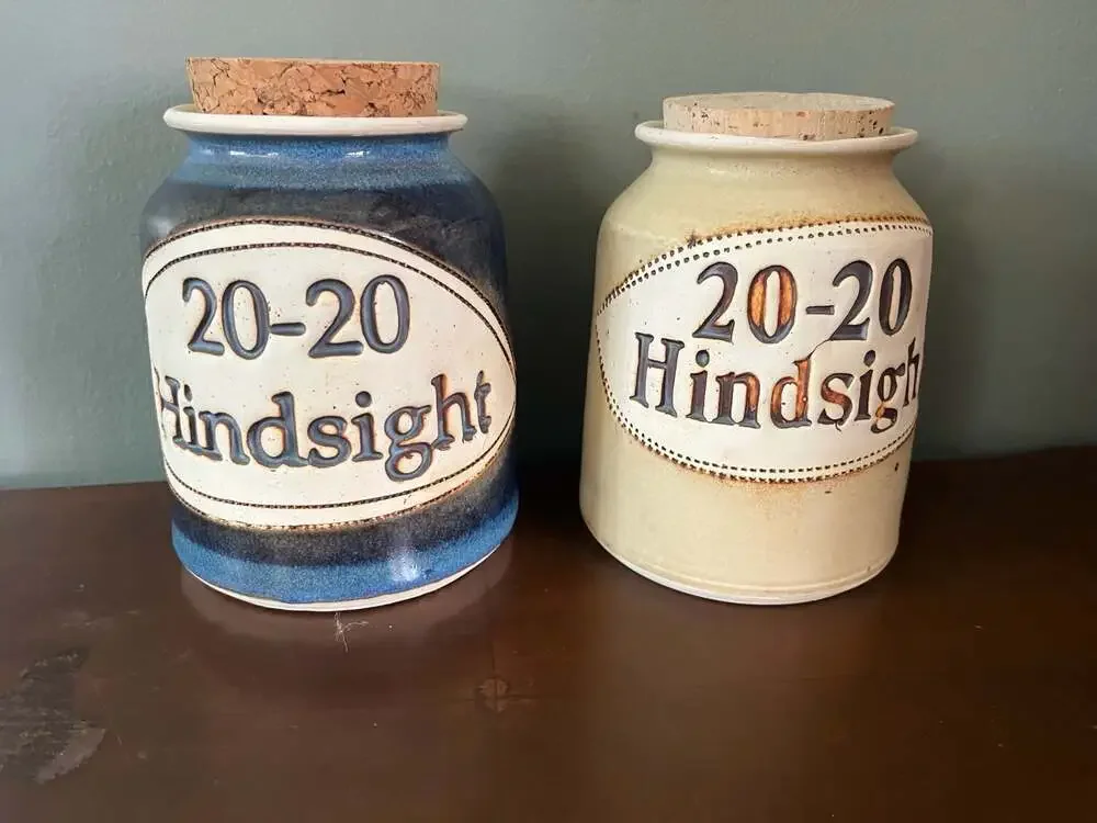 Set of 2 Artisan Ceramic 20-20 Hindsight Storage Jars with Cork Lids